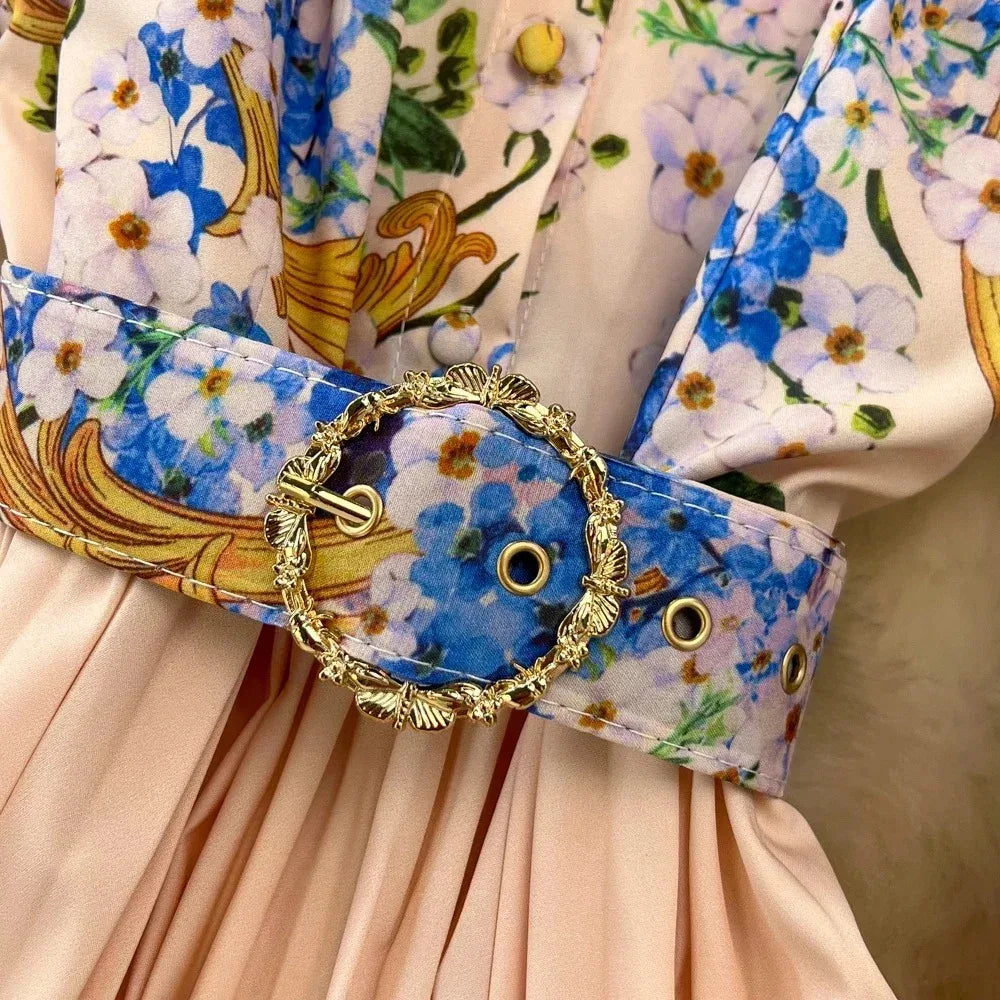 Vintage Print Elegant Lantern Long Sleeve Lapel A-line Dress Casual Women Fashion Autumn Spring Dress