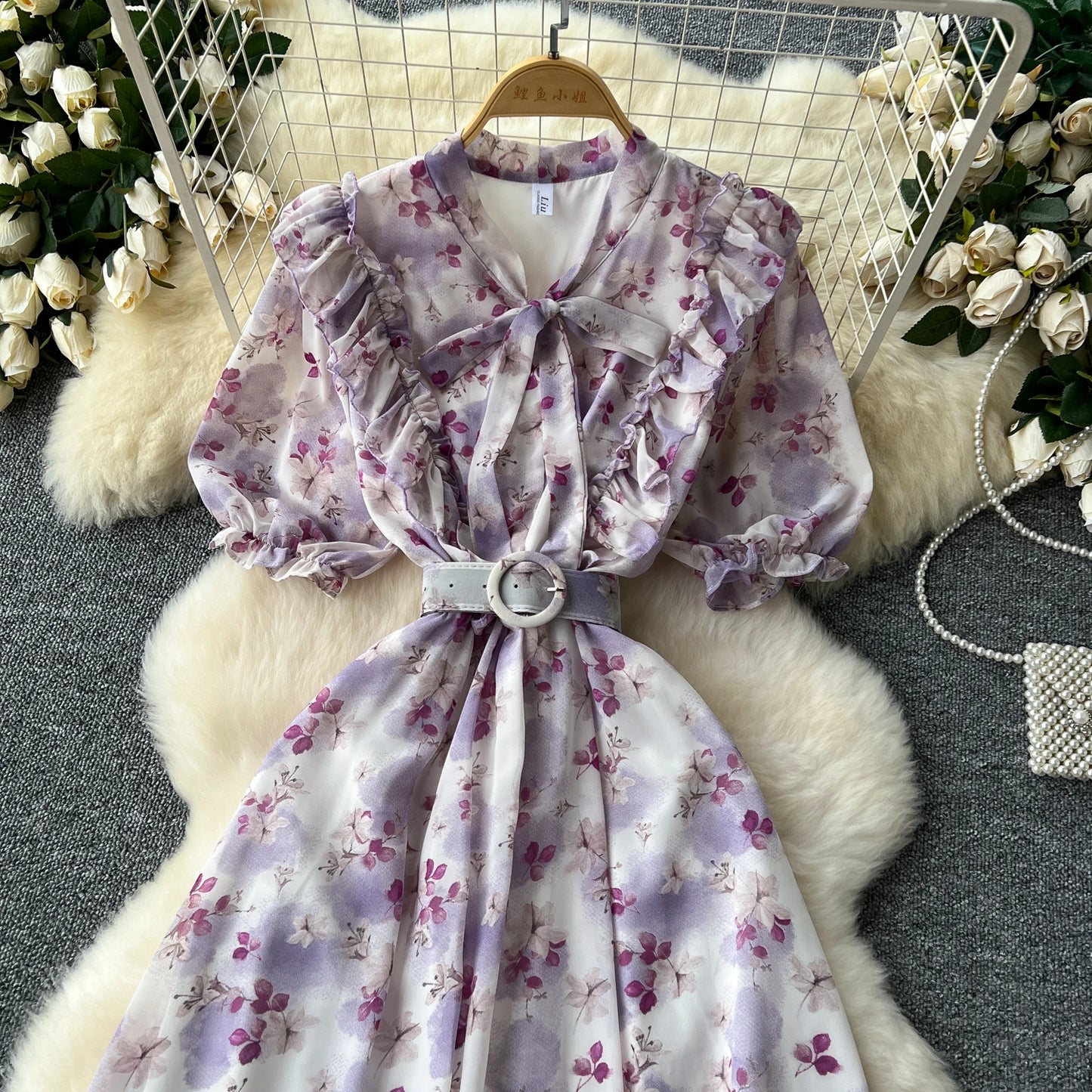 French Vintage Ruffle print chiffon Bandage Bow Puff Sleeves short Sleeves Dress Casual Women Fashion summer dresses
