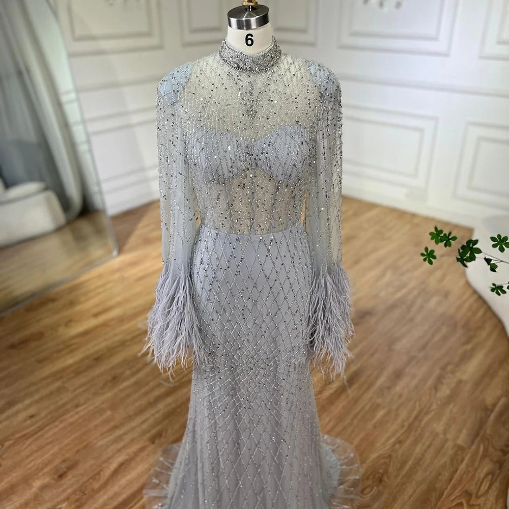 Serene Hill 2024 Women Wedding Party Dubai Gowns Nude Illusion Cut Out Lace Beaded Feathers Mermaid Long Evening Dresses LA72394