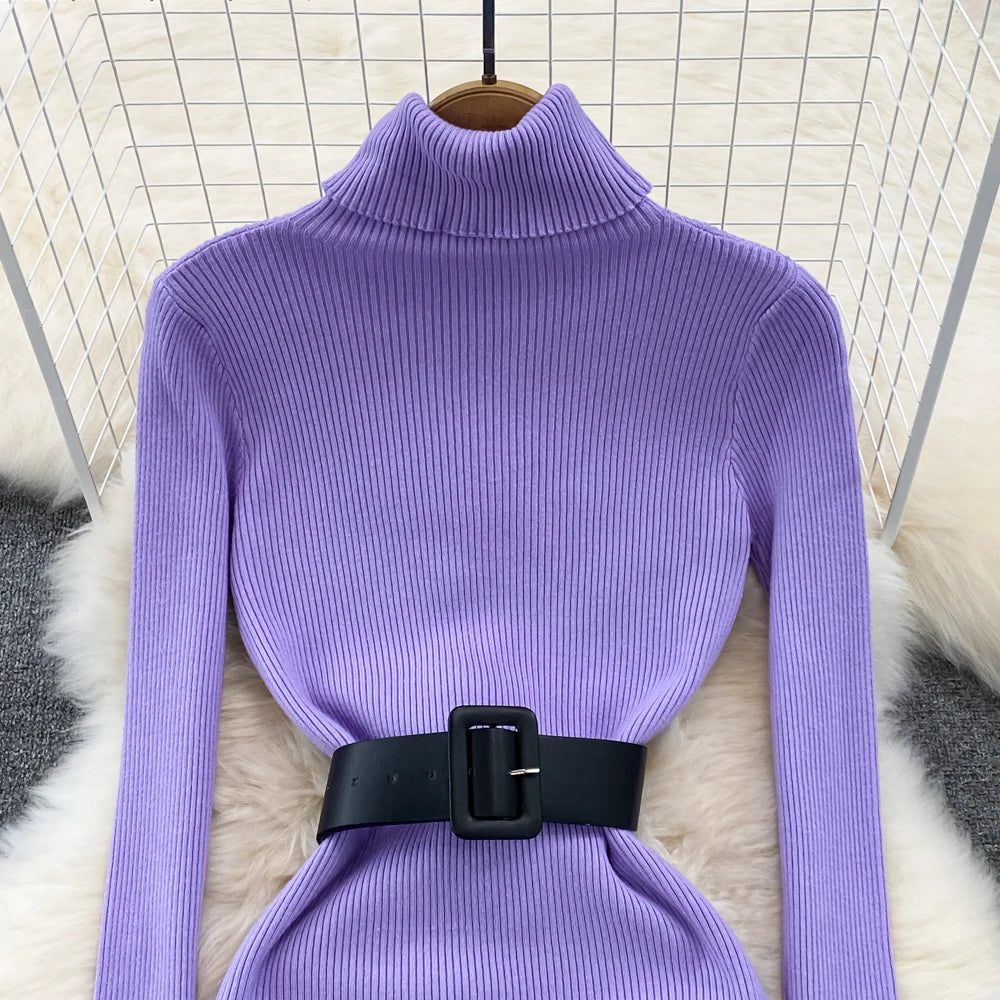 Elegant Turtleneck Long Sleeve Knit Soft Tight Pencil Dress with Belt Slim Fashion Warm Sweater Vestido Sexy Women Winter Robe