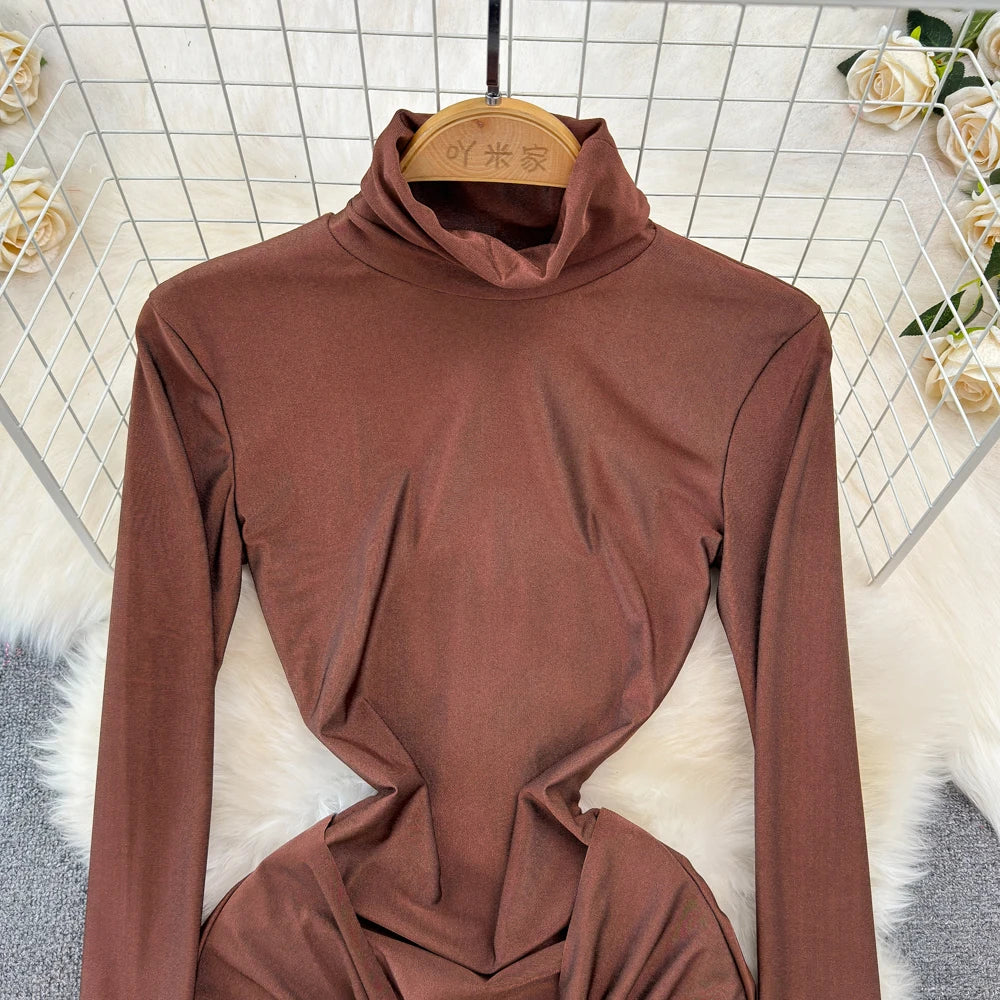 Autumn Solid Long Sleeve Party Dress for Women Sexy Bodycon Stand Collar Evening Dresses Bow Bandage Pleated Slim Waist Vestidos