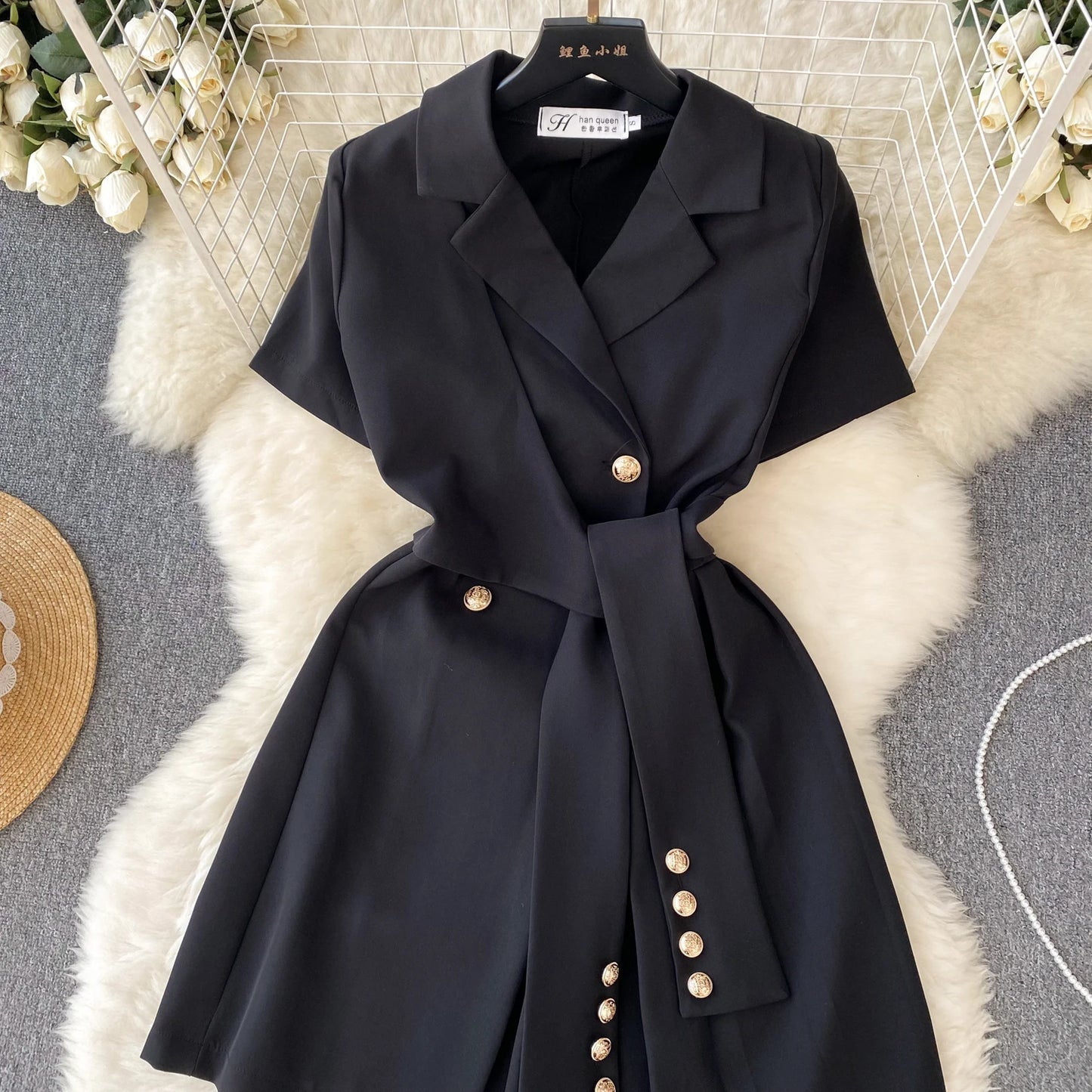 Retro Black Blazer Dress Women Lapel Short Sleeved Short Dresses Summer Casual Short Sleeve Slim Bandage Dress Vestidos