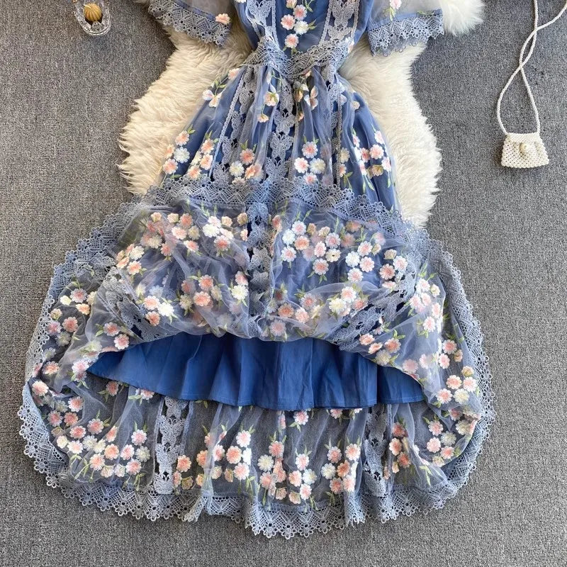 Elegant Mesh Embroidery Dress Women Korean Fashion Summer O Neck Short Sleeve Long Mesh Dress Party Vestidos