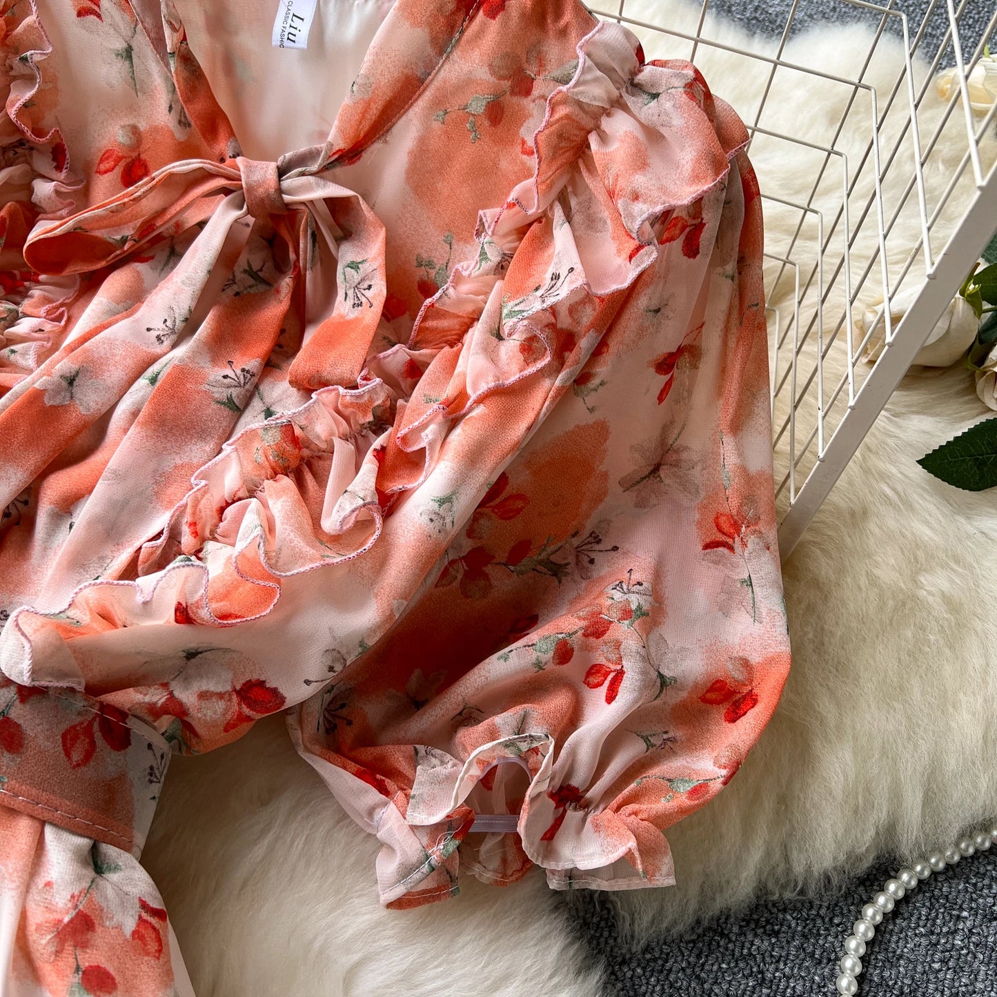 French Vintage Ruffle print chiffon Bandage Bow Puff Sleeves short Sleeves Dress Casual Women Fashion summer dresses