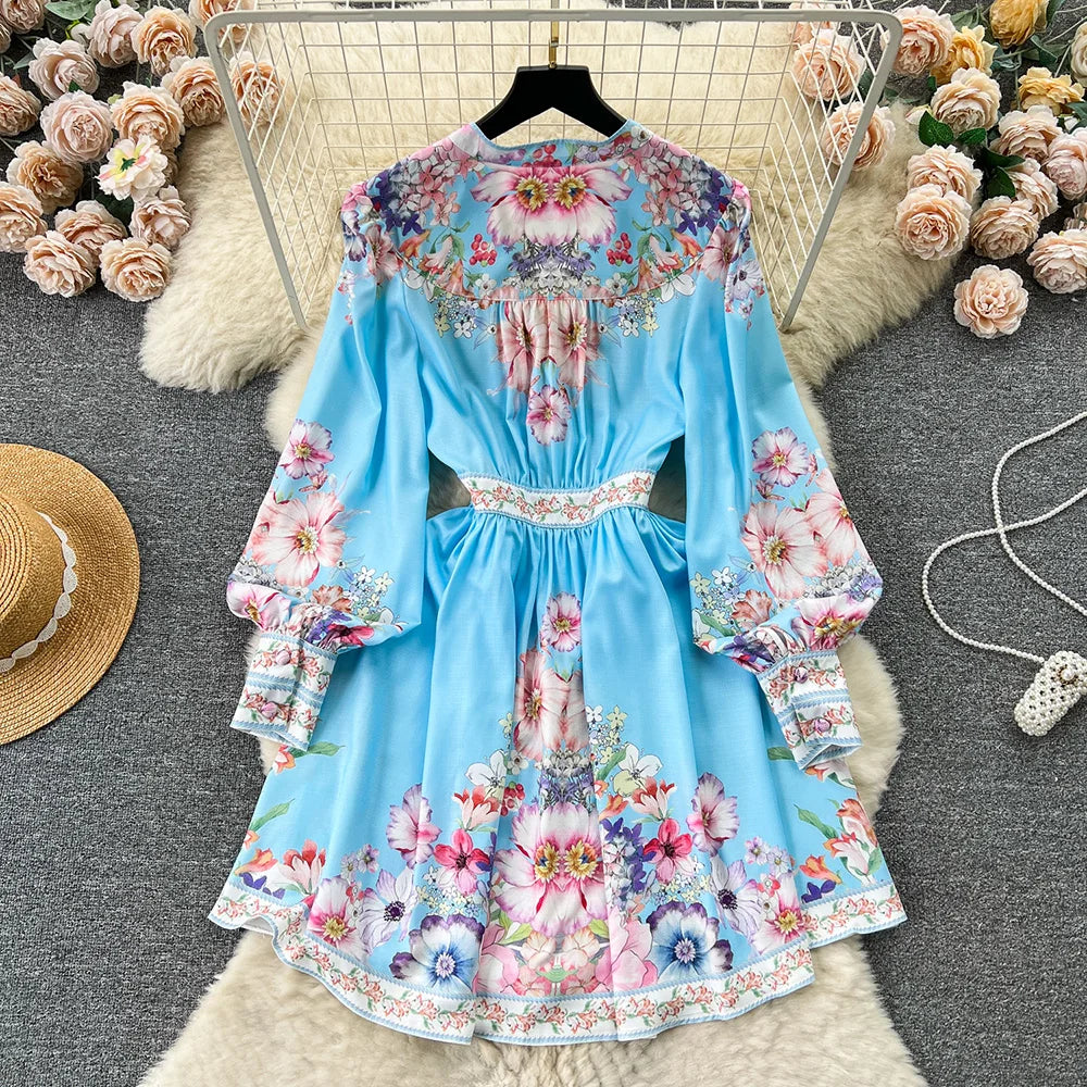 Spring Dresses 2024 Women Fashion Elegant Vintage Floral Print Dress V Neck Front Button Up Long Sleeve Holiday Mini Dress Woman