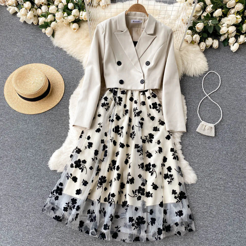 French Style Elegant Two Piece Sets Women Double Breasted Blazer Jacket + Mesh A-line Long Dress Fashion Korean Outfits