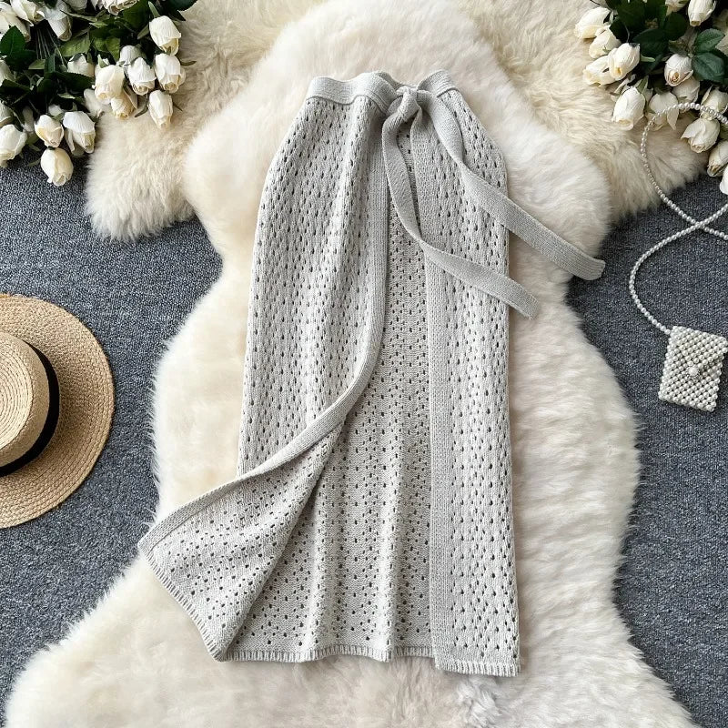 Korean Skirts Women Design Lace-up Waist Hollow-out Crochet Knitted Skirt Split Slim-fit Midi Long Skirts Women Two-piece Sets