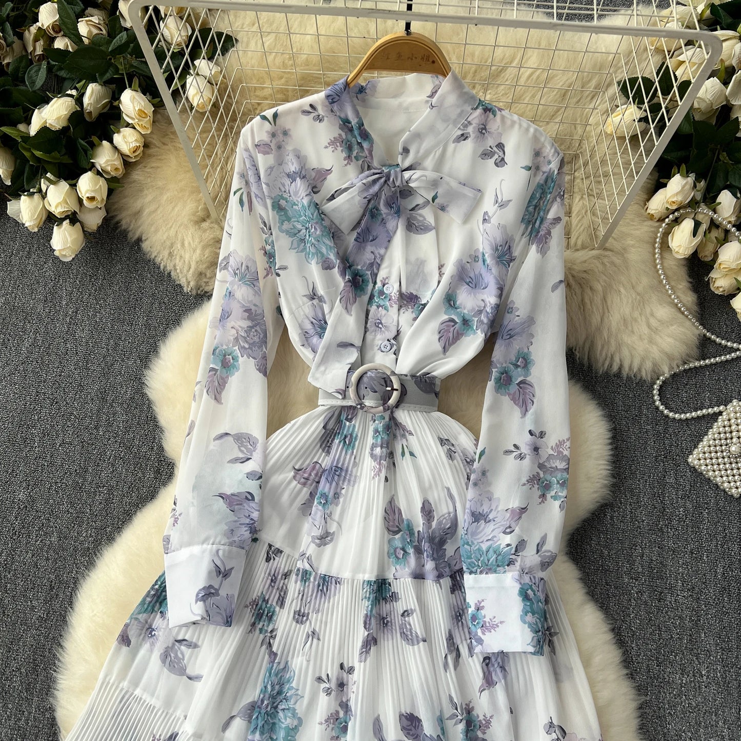 French Vintage Ruffle Lace-up Bow Puff Sleeves Long Sleeves Dress korean fashion Casual Women Fashion summer dresses