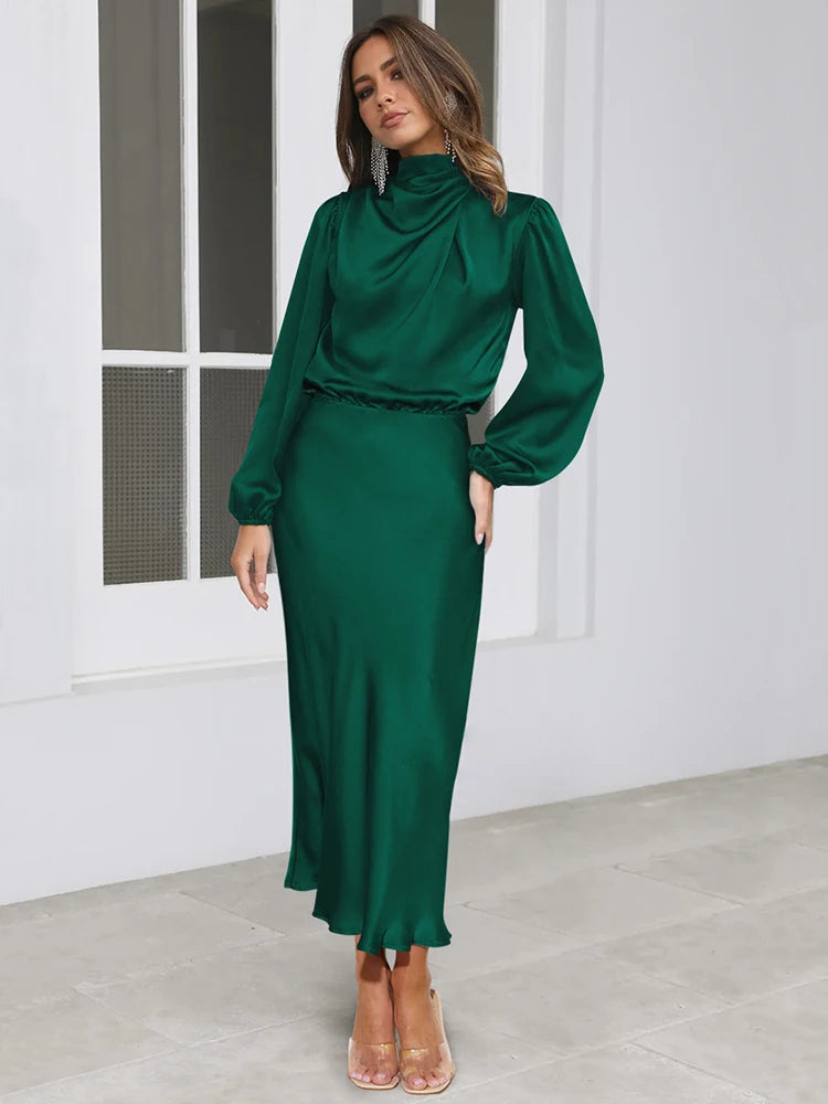 Spring Summer New High-End Satin Long Sleeved Dress Women's Ladylike Elegant Evening Dress Party Clothes Celebrity Dresses