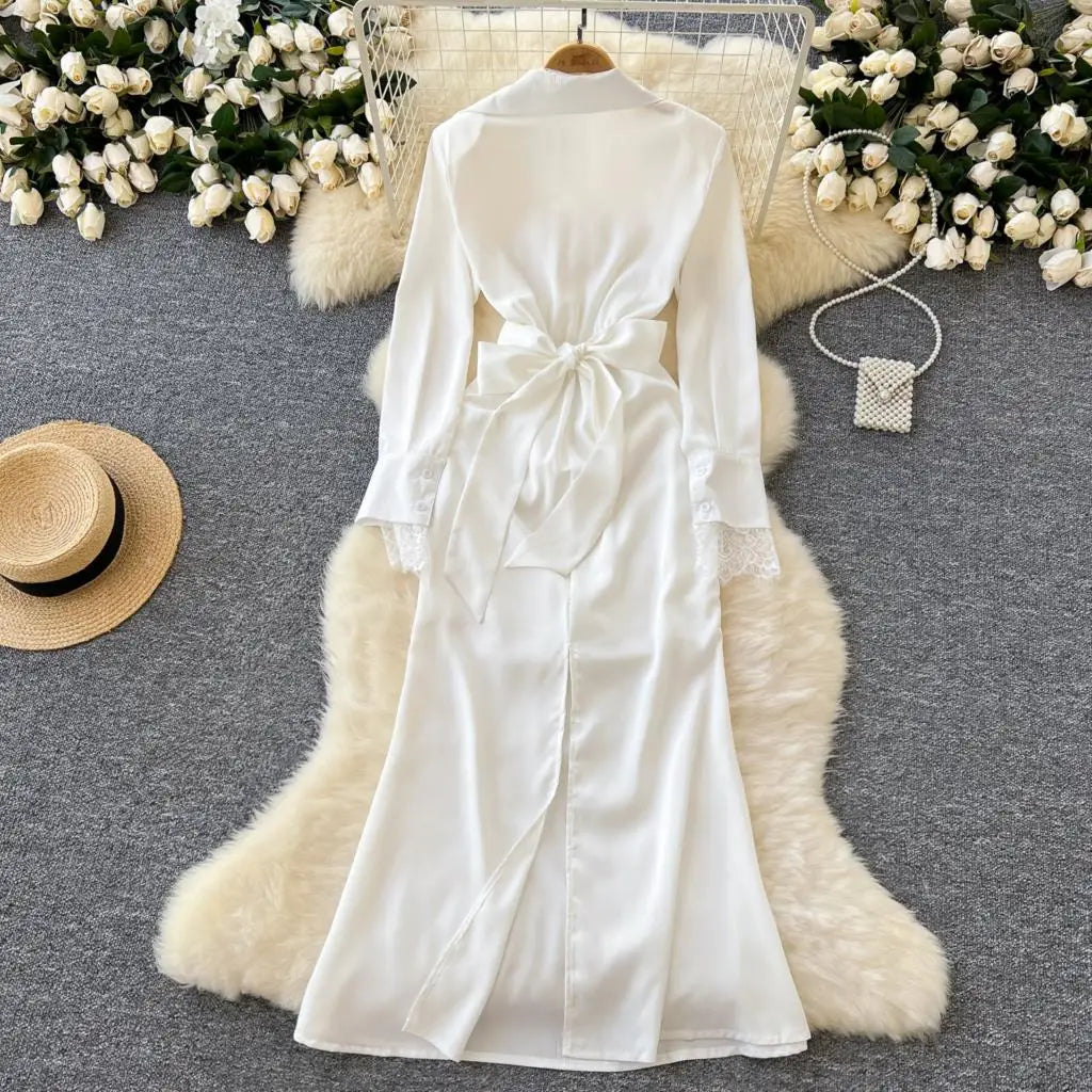Elegant Solid Satin Midi Dress for Women Autumn Long Sleeve Lace Patchwork Office Work Shirt Dresses Lace-up Slim Waist Vestidos