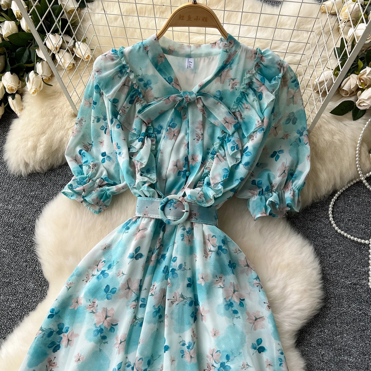 French Vintage Ruffle print chiffon Bandage Bow Puff Sleeves short Sleeves Dress Casual Women Fashion summer dresses