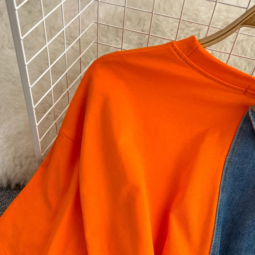 Women Summer Casual T Shirt Short Sleeve Streetwear Patchwork Denim Long Shirts Female O-neck Slim Jeans Tops
