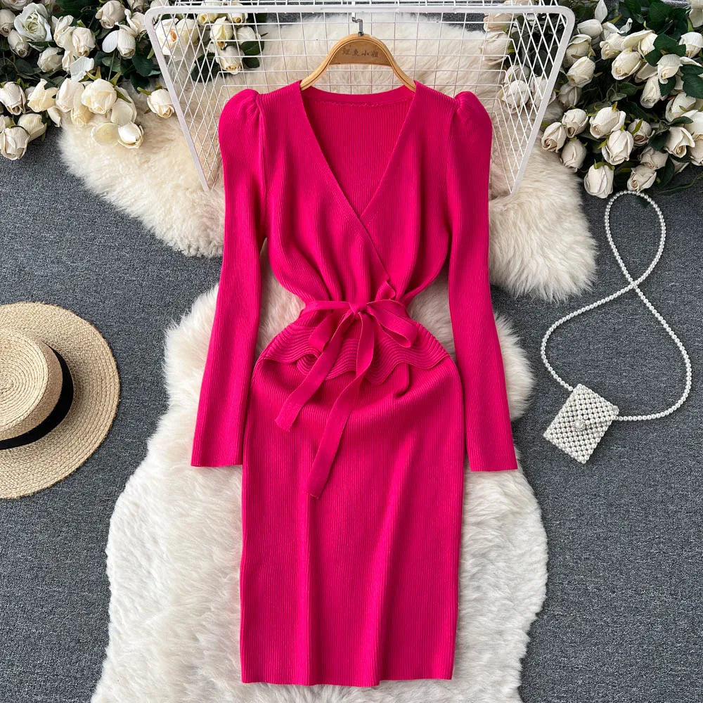 Women Long Sleeve V Neck Sexy Knit Bodycon Dress Chic Vintage Lace Up French Fashion Vestidos Party Elegant Fashion Dresses Y2k