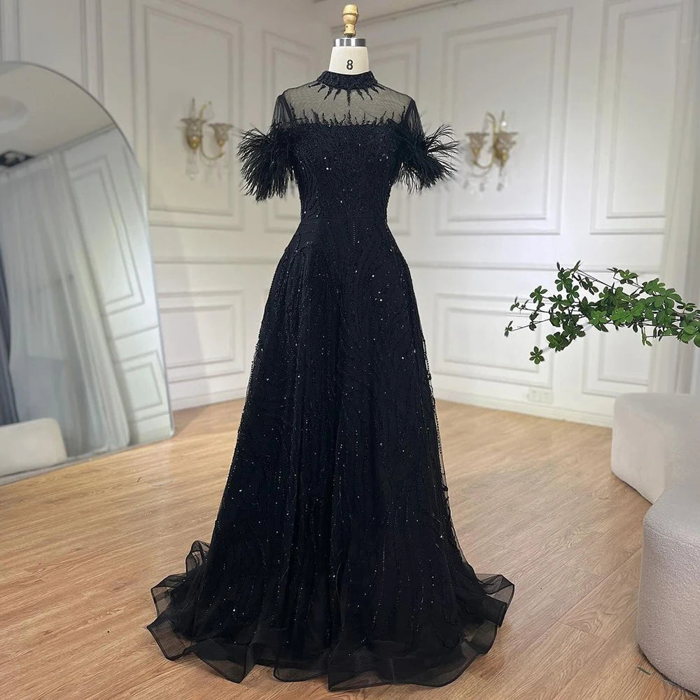 Serene Hill 2024 Arabic blue A Line Short Sleeveless Luxury Evening Dresses Beaded Feathers For Women Wedding Party LA72351