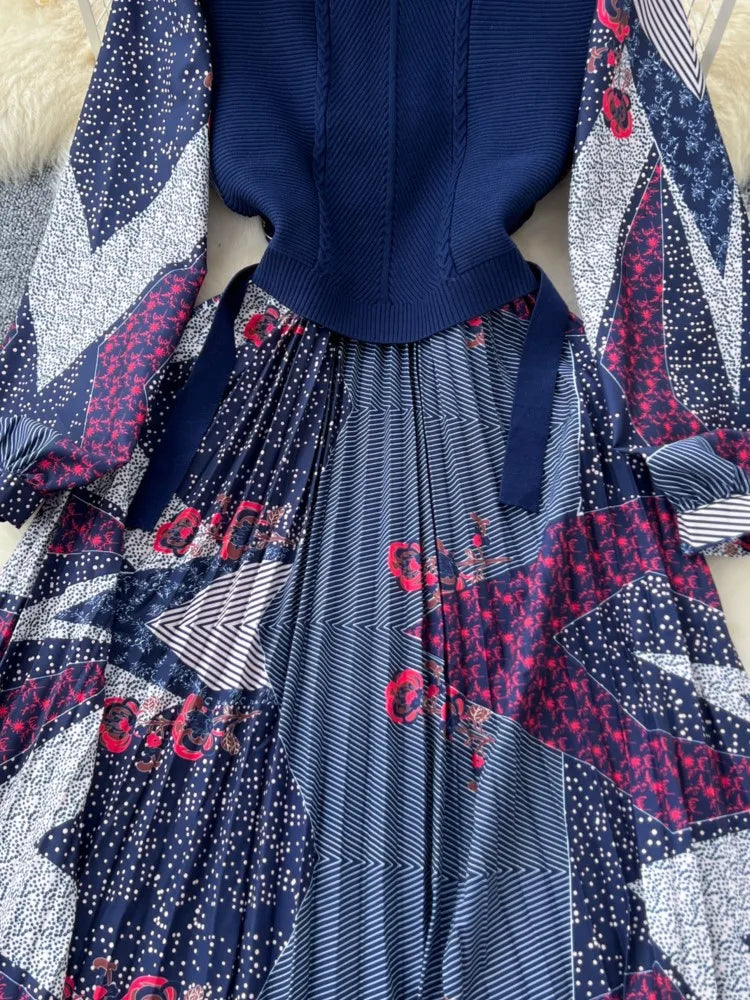 French Vintage Patchwork Print Knitted Dress Elegant and Chic Boho Beach Holiday Dresses A-Line Slim Waist Pleated Vestidos New