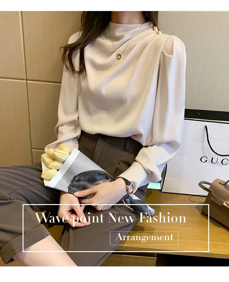 Autumn New Women's Style Stand up Collar Pleated Long Sleeve Top Fashion Lantern Sleeve Loose Elegant Solid Color Shirt Blouse