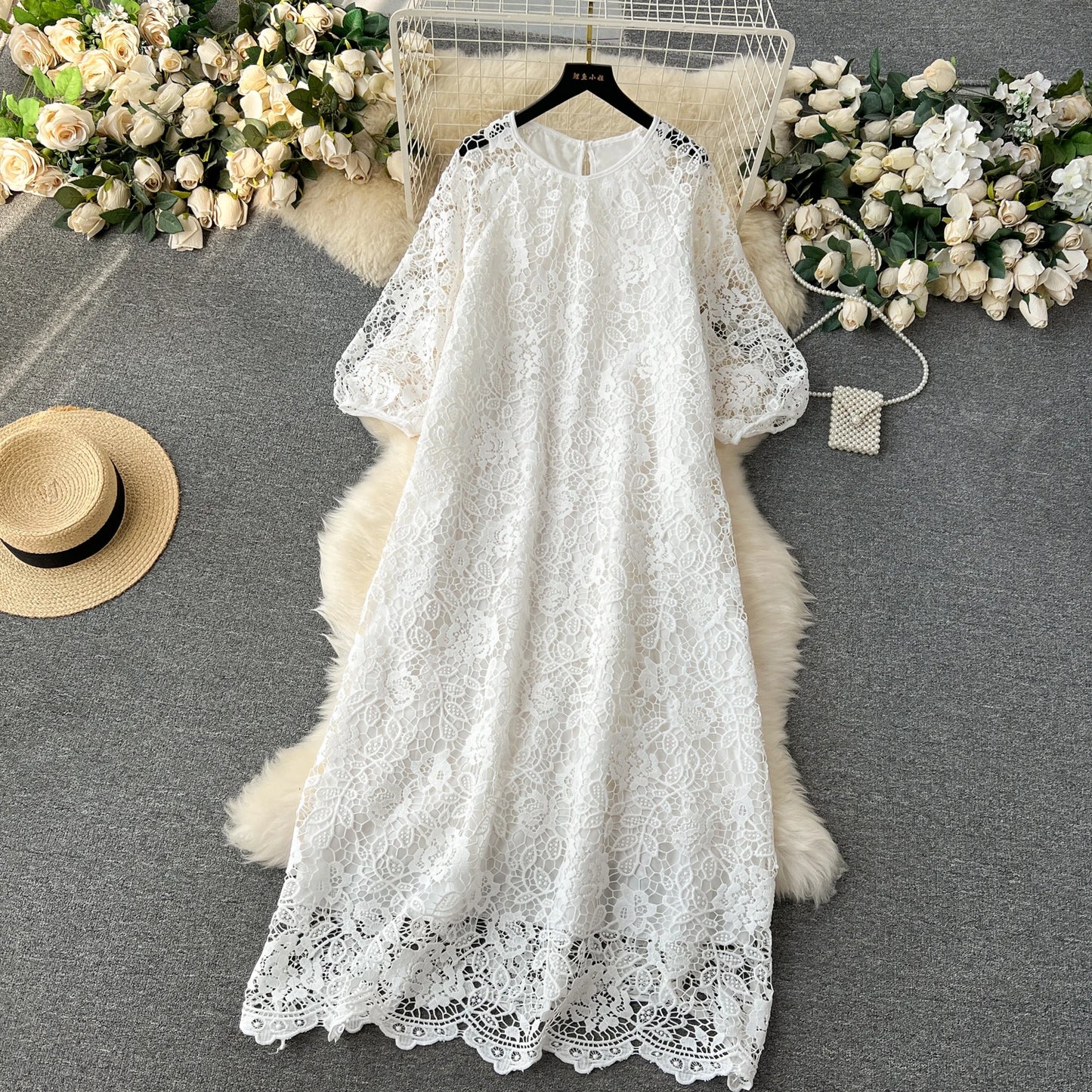Chic Long Sleeve O Neck Lace Hook Flower Hollow Loose Dress Chiffon A-line Casual Dresses Fashion Women Elegant Vestidos