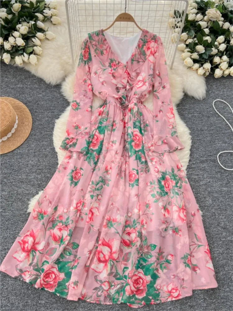 Women Elegant Floral Print Dress for Women Vintage V-Neck Long Sleeves Chiffon Slim A-Line Vestidos Mujer Autumn Female Clothes