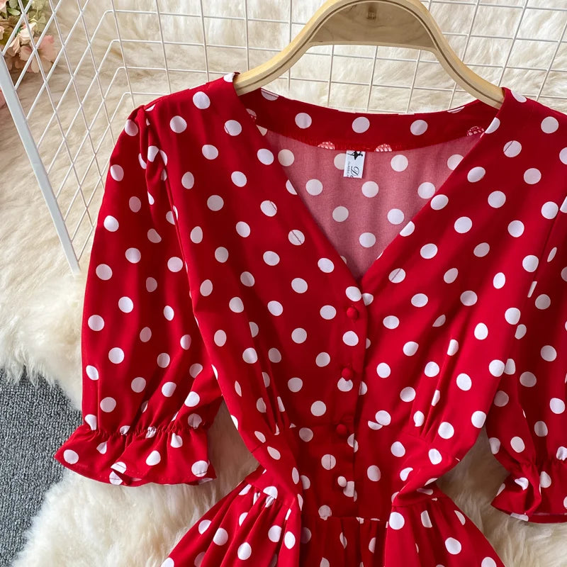 New Summer Women's Fashion Vintage Polka Dot Midi Dress Elegant and Chic A-Line Party Casual White Black Vestidos Female Robe