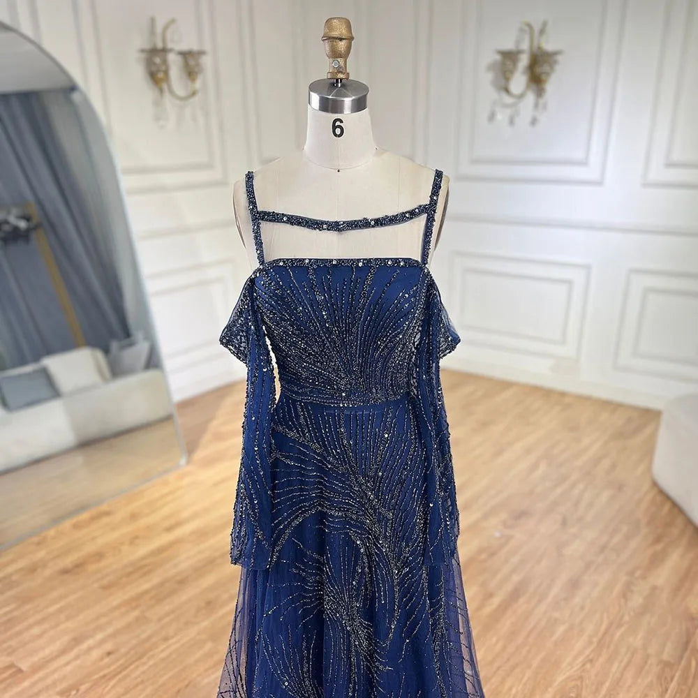 Serene Hill Arabic Navy Blue Spaghetti Strap Mermaid Beaded A-Line Elegant Long Evening Dress for Women Party 2024 LA72469