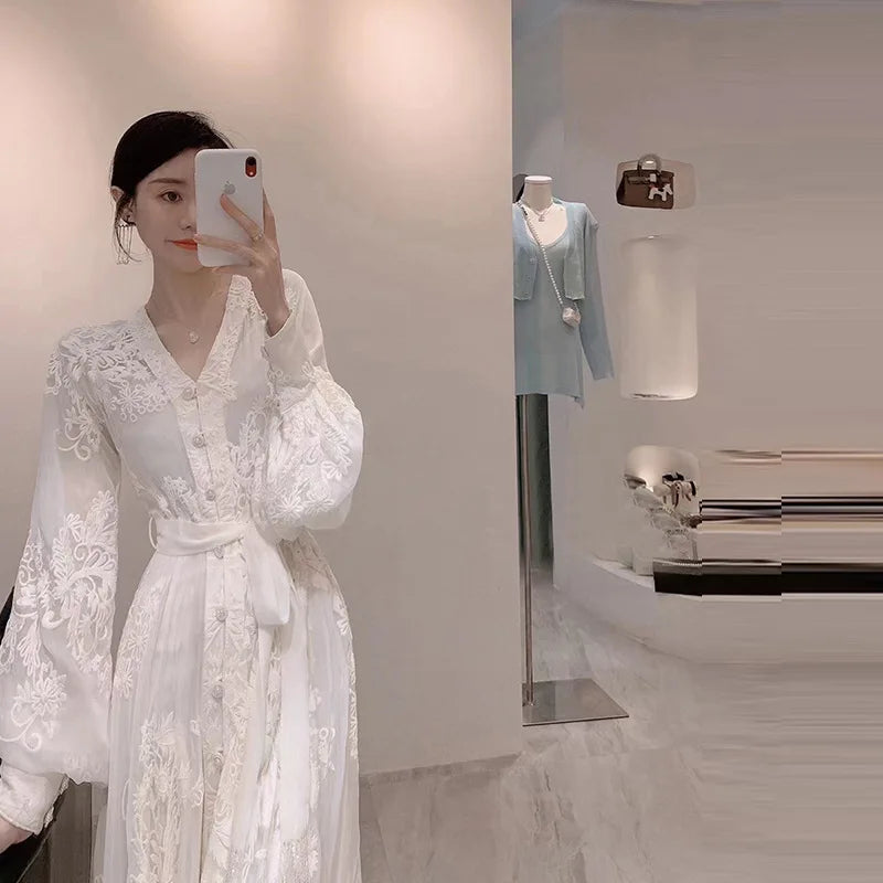 Women Spring and Autumn Heavy Industry Embroidered White V-neck Dress Elegant and Luxury Bubble Sleeve A-line Long Dresses