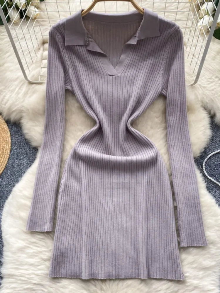 Y2k French Vintage Knitted Dress for Women Autumn Bodycon V-neck Long Sleeved Solid Simplicity Fashion Causal A-line Dresses