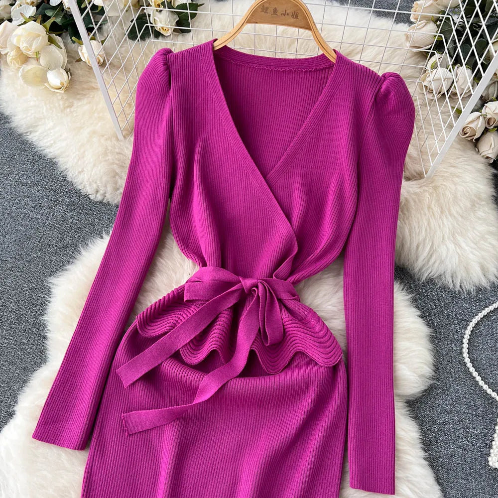 Women Long Sleeve V Neck Sexy Knit Bodycon Dress Chic Vintage Lace Up French Fashion Vestidos Party Elegant Fashion Dresses Y2k