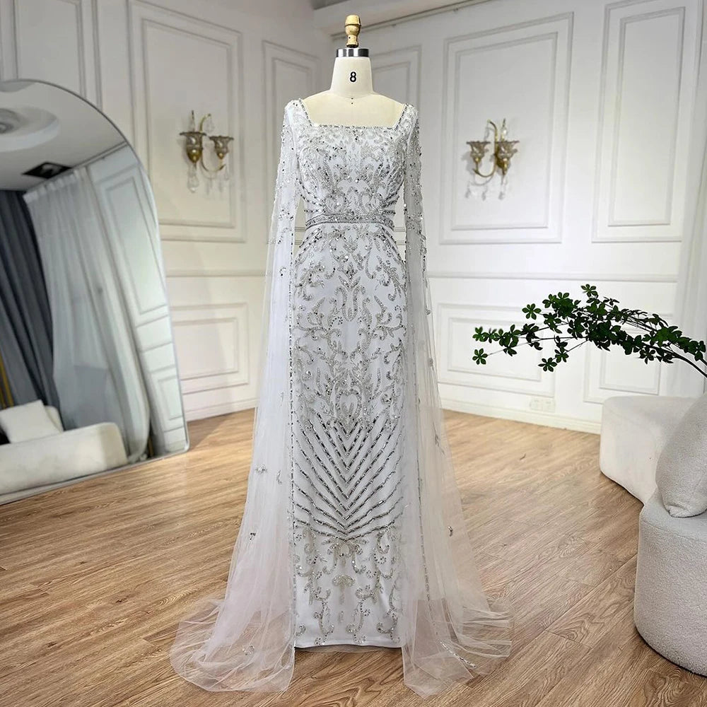 Serene Hill 2024 turquoise with Beaded Cape Sleeves Design Mermaid Long Evening Dresses Gowns for Women's Wedding Party BLA72400