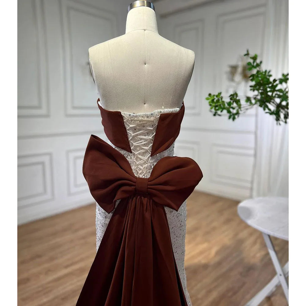 Serene Hill Arabic Beige Elegant Mermaid Strapless Beaded Evening Dresses 2024 Gowns For Women Wedding Party LA72065