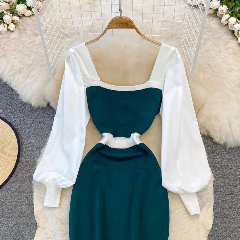 Vintage Elegant Patchwork Square Neck Long Sleeve Knit Dress Casual Women Fashion High Waist Summer Spring Hip Wrap Dress