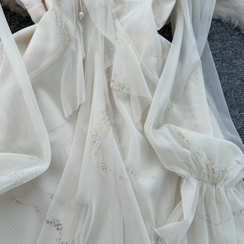 Elegant Bright Silk Print Party Dress for Women Casual Off Shoulder Spaghetti Strap Flare Sleeve Slim Waist Vestidos A-Line Robe