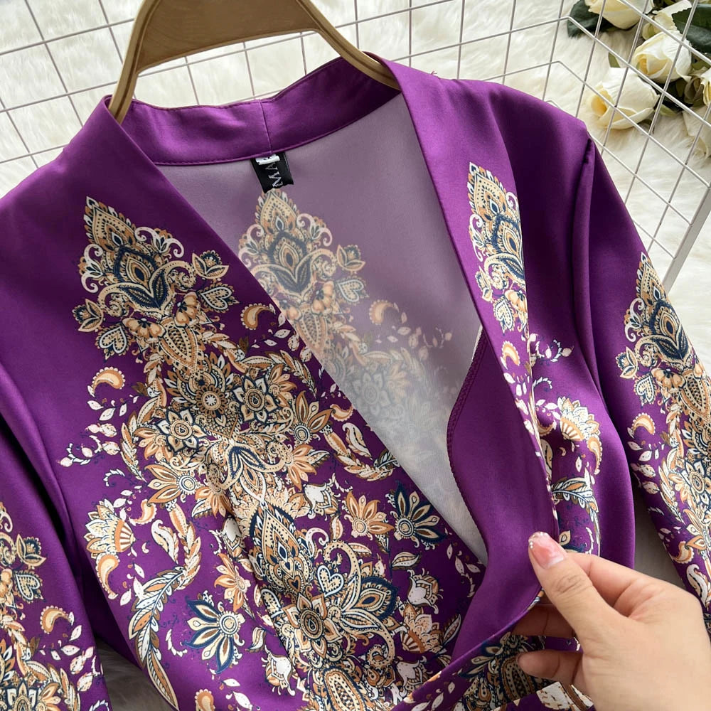 Pinkou Women Elegant Print Maxi Dress Cross V Neck Bow Tie Sashes Three Quarter Sleeve Female Chic Wrap Dresses Vestido QA815