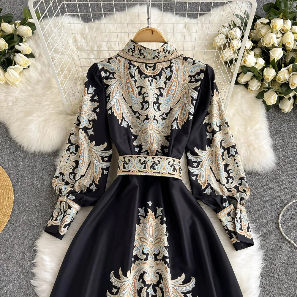 Retro Printed Party Dress Women Polo Collar Long Sleeve Elegant Long Dresses Spring Autumn French Single Breasted Shirt Dress