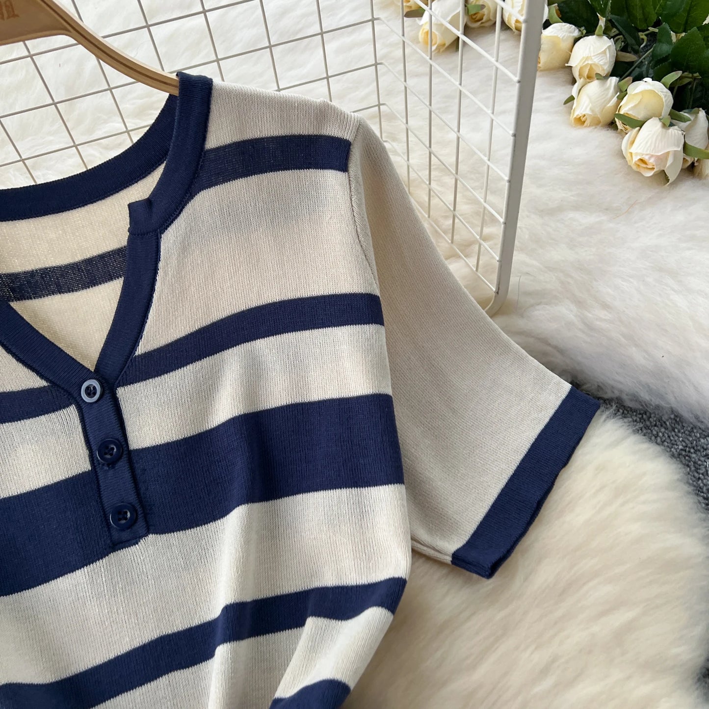 Sexy Chic short sleeve PATCHWORK v-Neck Striped Knit Dress Elegant Fashion Party Slim Summer A-line sweet dresses