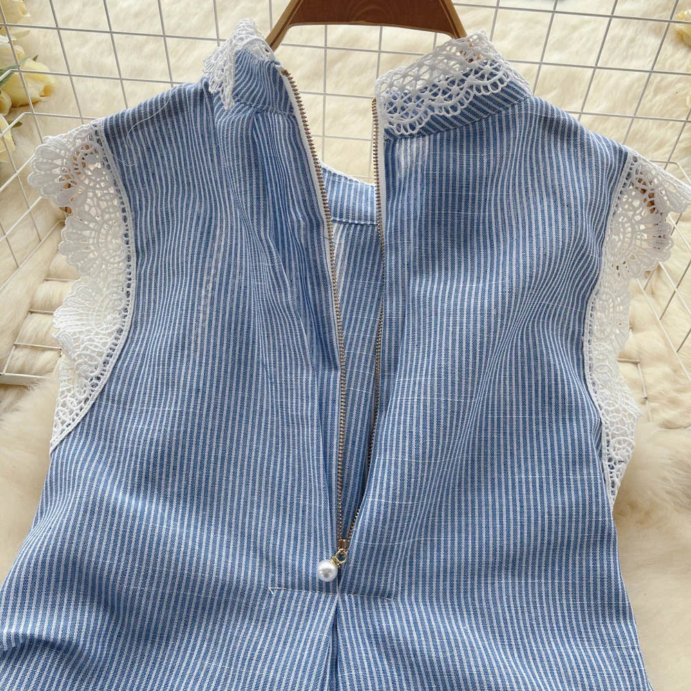 French Elegant Little Flying Sleeve Shirt Top Women's Summer Casual Loose Lace Hook Flower Retro Blue Striped Blouse Tops