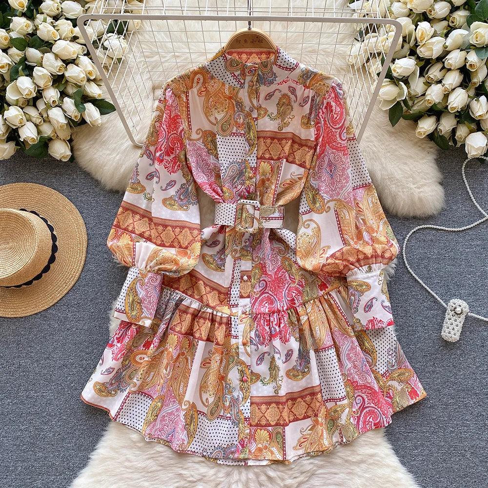 New In Dresses 2024 Spring Vintage Paisley Print Vacation Bohemian Dress Women Stand Collar Long Sleeve Mini Dress With Belt