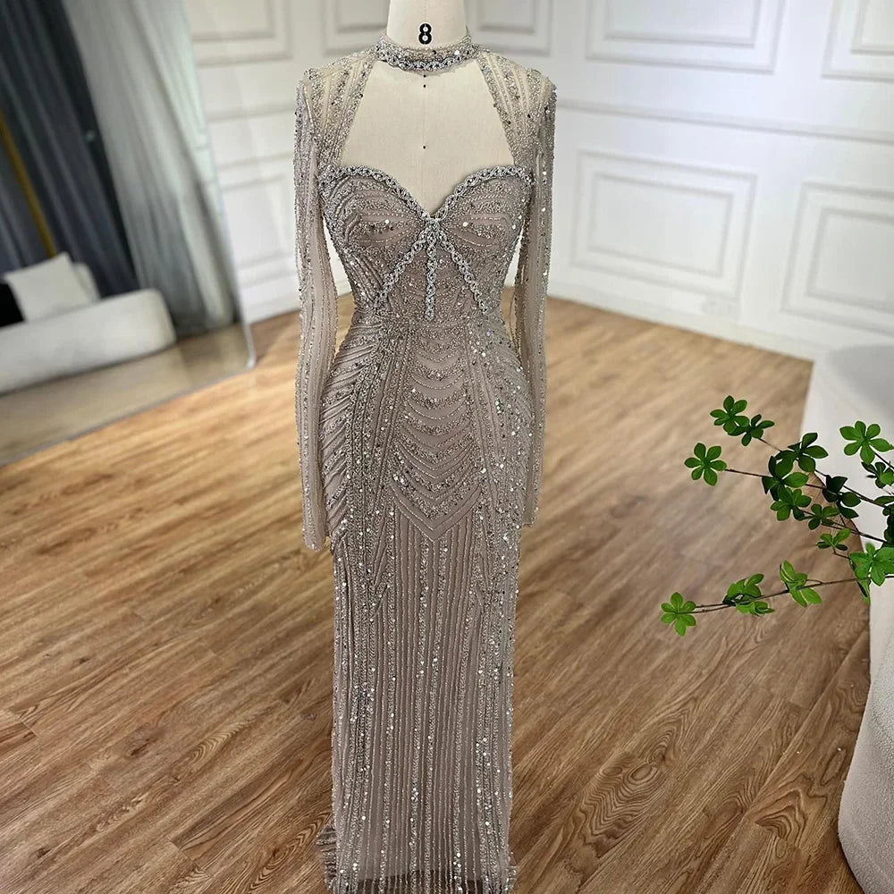 Serene Hill 2024 Luxury Dubai Nude Sweetheart Mermaid Beaded Evening Gowns with Back Slit for Women's Party GLA72560A