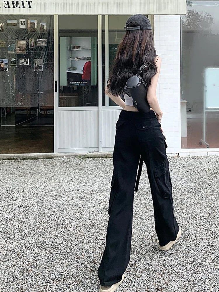 Women's High Waist Cargo Pants with Lace Belt Street Multi Pocket Straight Leg Casual Trousers Spring Autumn New Y2K Vintage