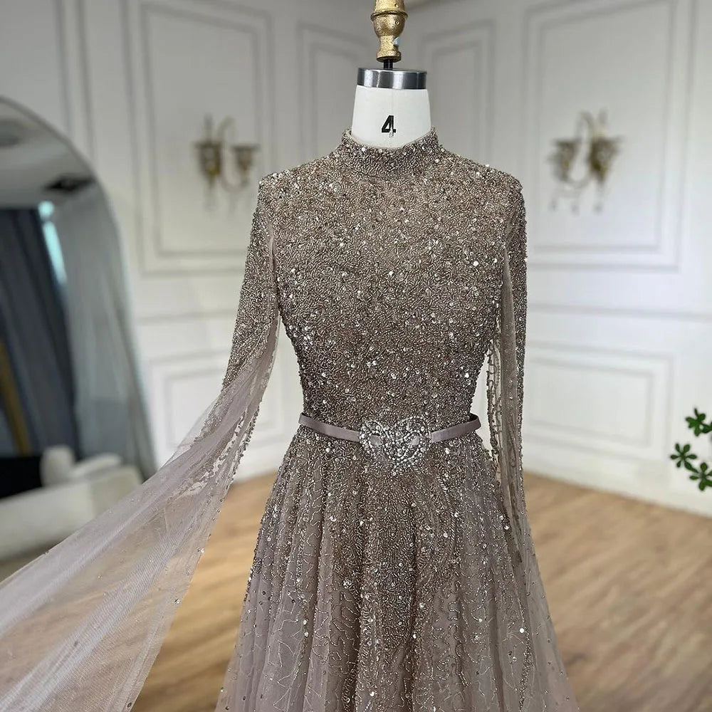 Serene Hill Blue A-Line High-end Beaded Luxury Cape Sleeves Evening Dresses Gowns 2024 For Woman Party Plus Size LA70066B