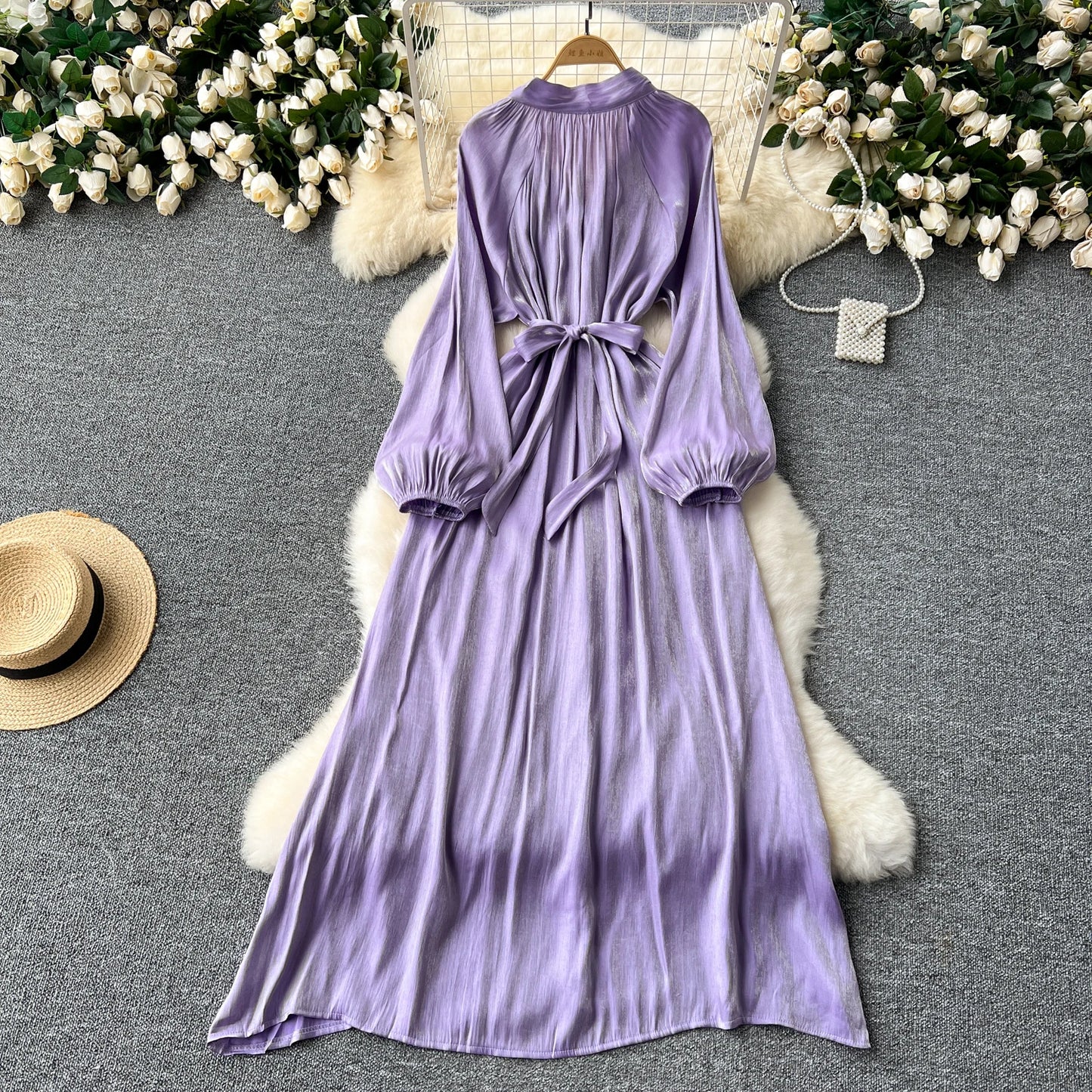 French Vintage Pleated lool sleeve print Lace-up Bow sweet Dress Casual Women Fashion summer dresses