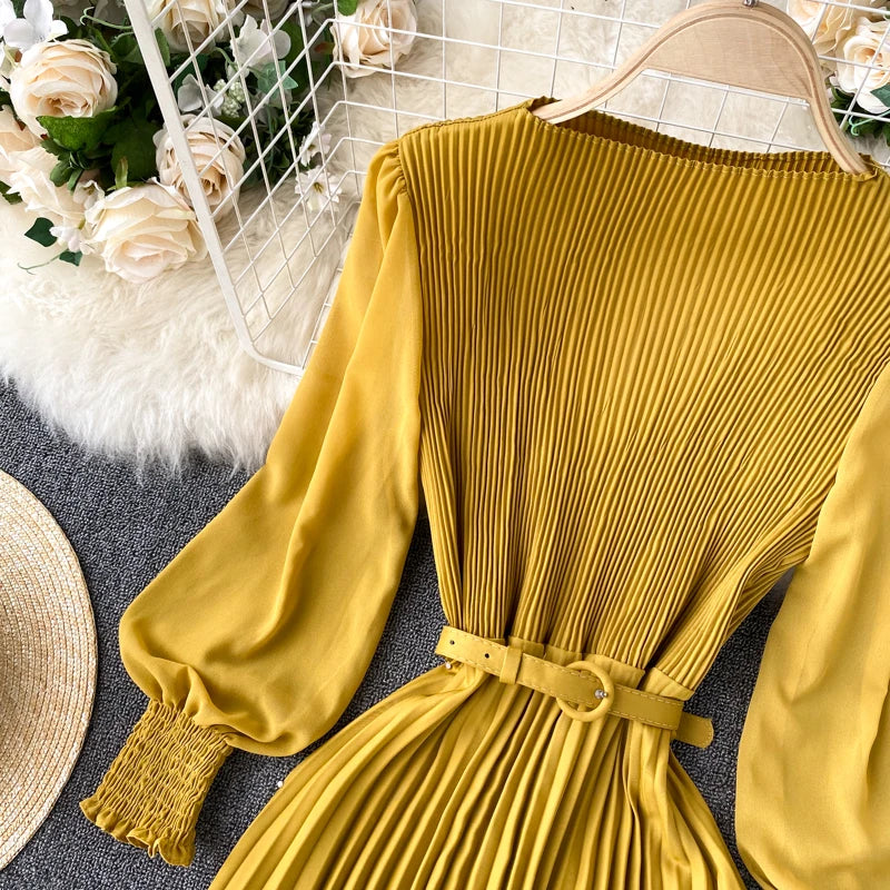Chic Pleated Elegant Puff Sleeve Dress A-line Chiffon High Waist Belt Beach Vacation Party Dress Women Summer Spring Vestidos