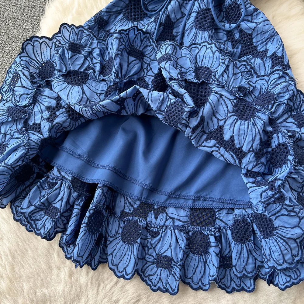 Short Dresses 2023 Women Ruffle Hem Vintage Daisy Embroidery Dress V Neck Drawstring Tie Ruffled Sleeve Vacation Summer Dress