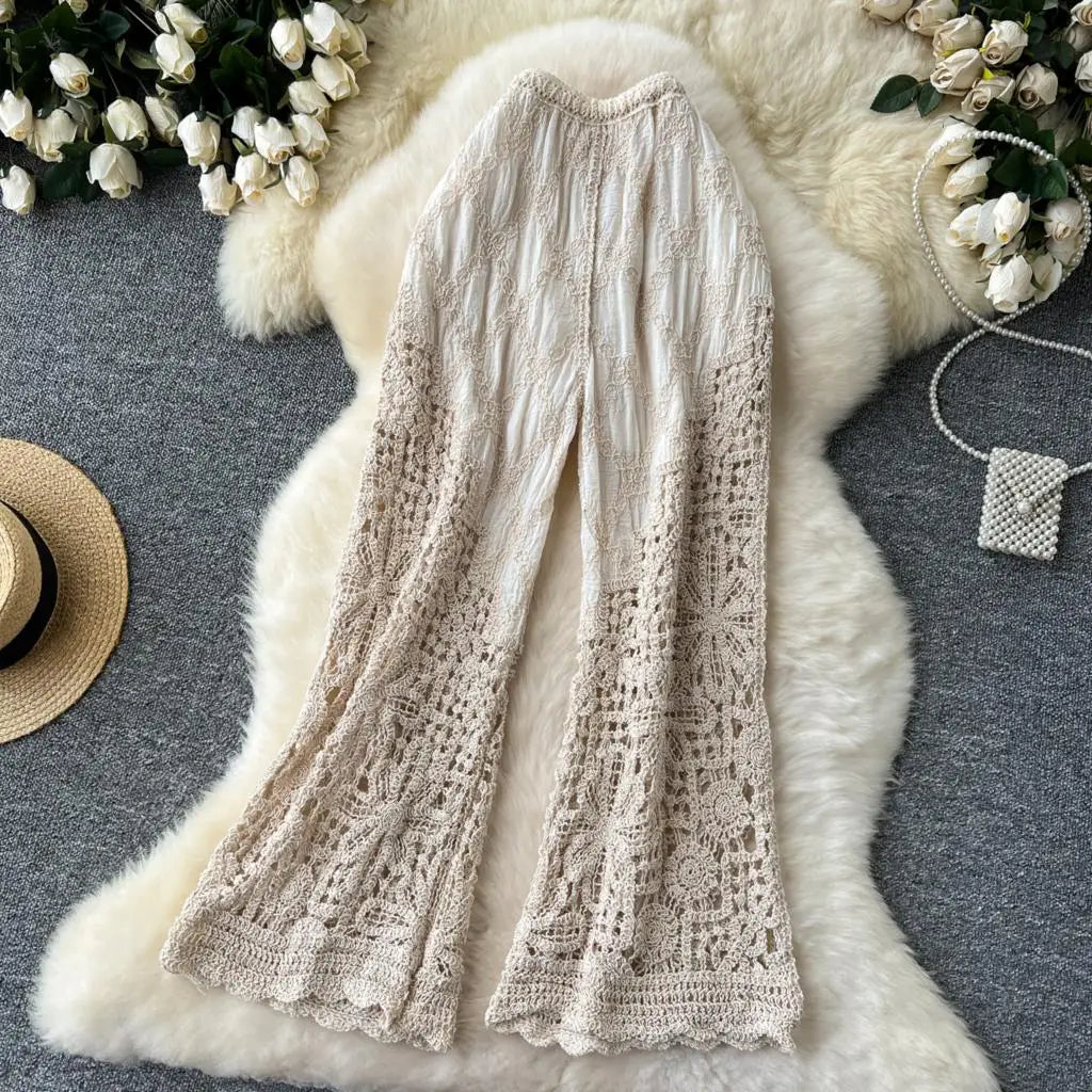 Korean Fashion Women Knitting Trousers Autumn Embroidery Splice Hollow Out High Waist Loose Casual Beach Long Wide Leg Pants New