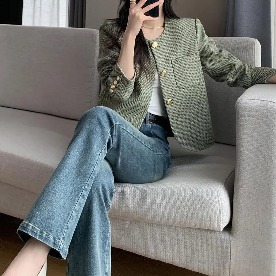 Women's Round Neck Blazer Jacket for Spring and Autumn Trendy Single Breasted Cropped Coat Small Fragrance Green Suit Outerwear