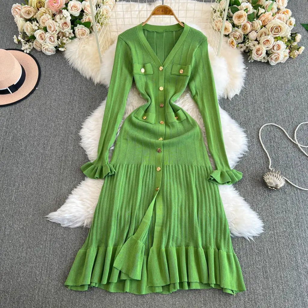 Women Vintage Mermaid Knitted Dress Elegant Casual Single Breasted Bodycon Slim Evening Dresses Female One Piece Clothes Mujers