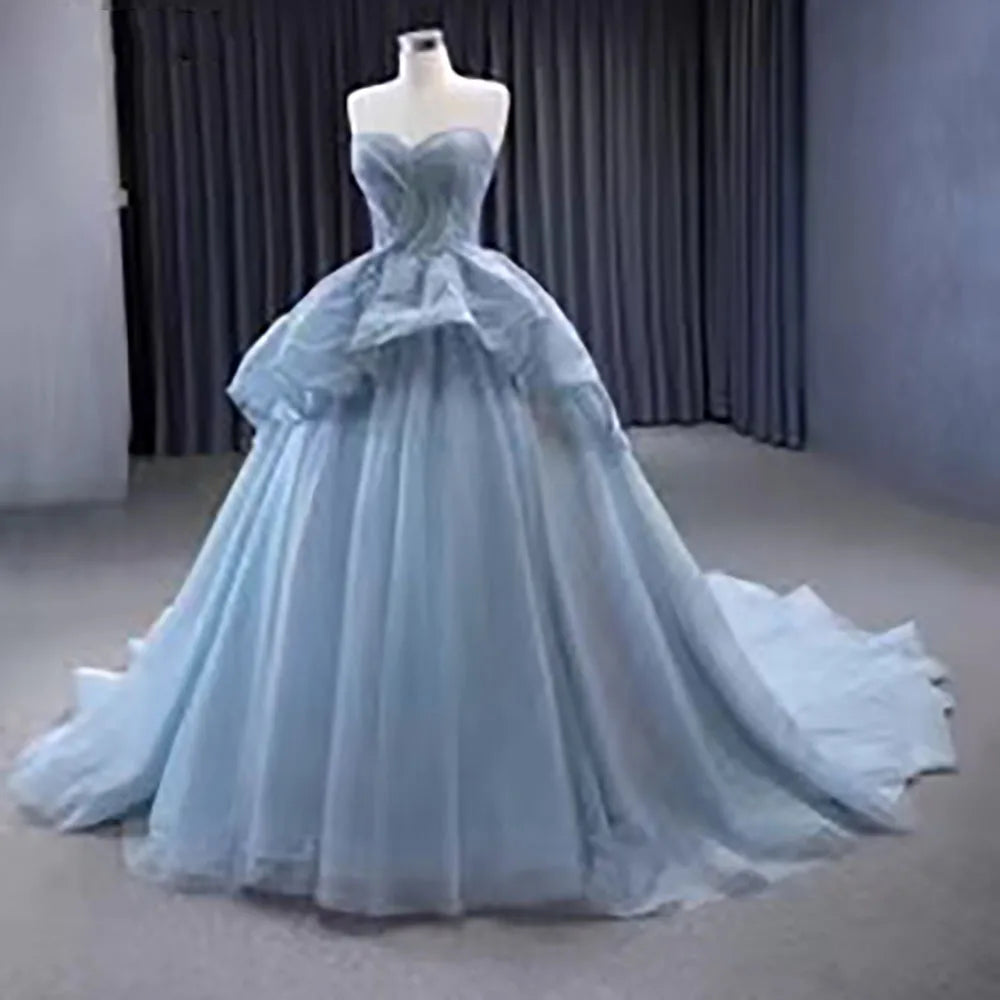 Serene Hill High End Custom Made Gray Blue Strapless Lace Up Beaded Luxury Ball Gown Bride Gowns Wedding Dress HM231064