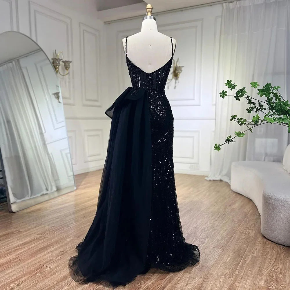 SERENE HILL 2024 Turquoise Spaghetti Strap Luxury Beaded Evening Dresses Mermaid Elegant Overskirt Gown For Women Party GLA72378