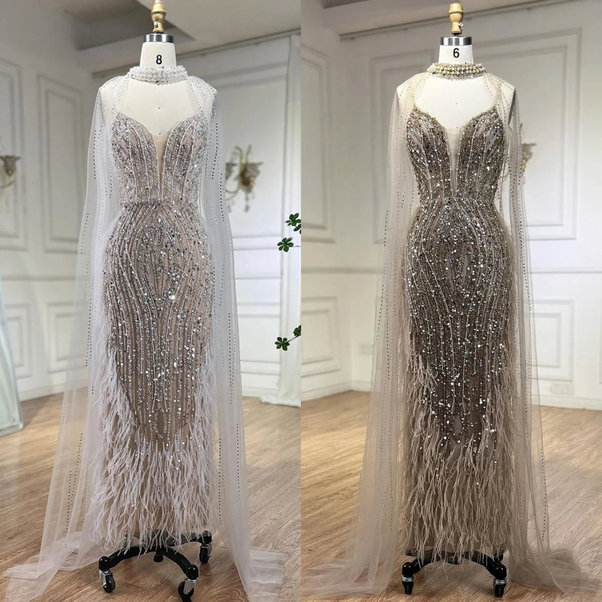 SERENE HILL 2024 White Nude Mermaid Beaded Feathers Luxury Evening Dresses Midi Gown With Cape For Women Wedding Party GLA72047A