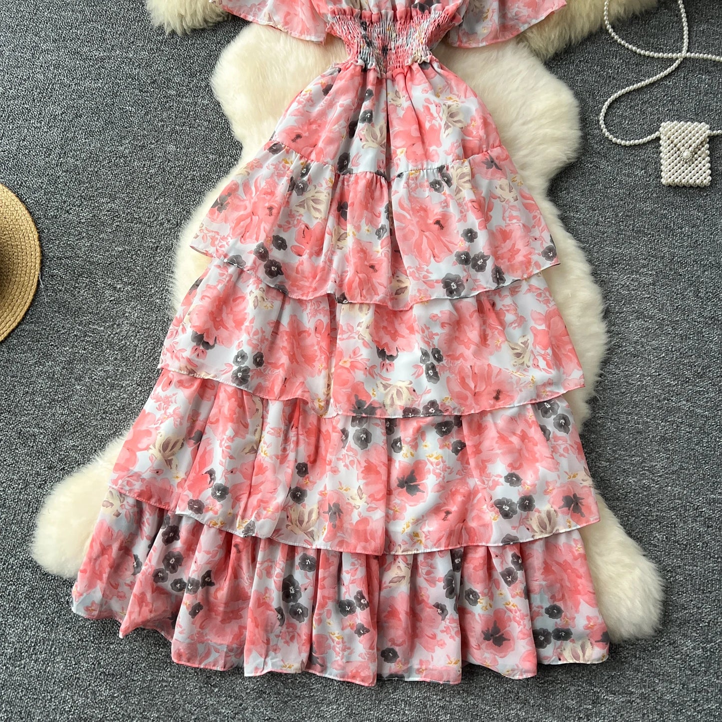 French Vintage off shoulder short sleeve ruffle Dress Chic Casual Beach Vacation Women Summer chiffon dresses