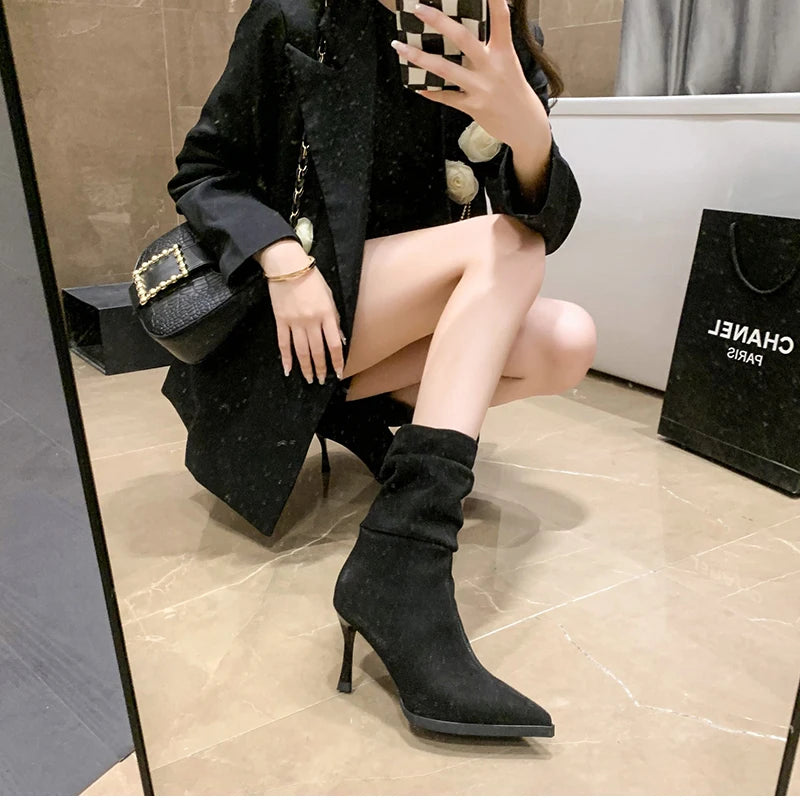 High Heel Women Pleated Ankle Boots Fashion Pointed Toe Slip On Shoes Dancing Party Dress Short Botas De Mujer